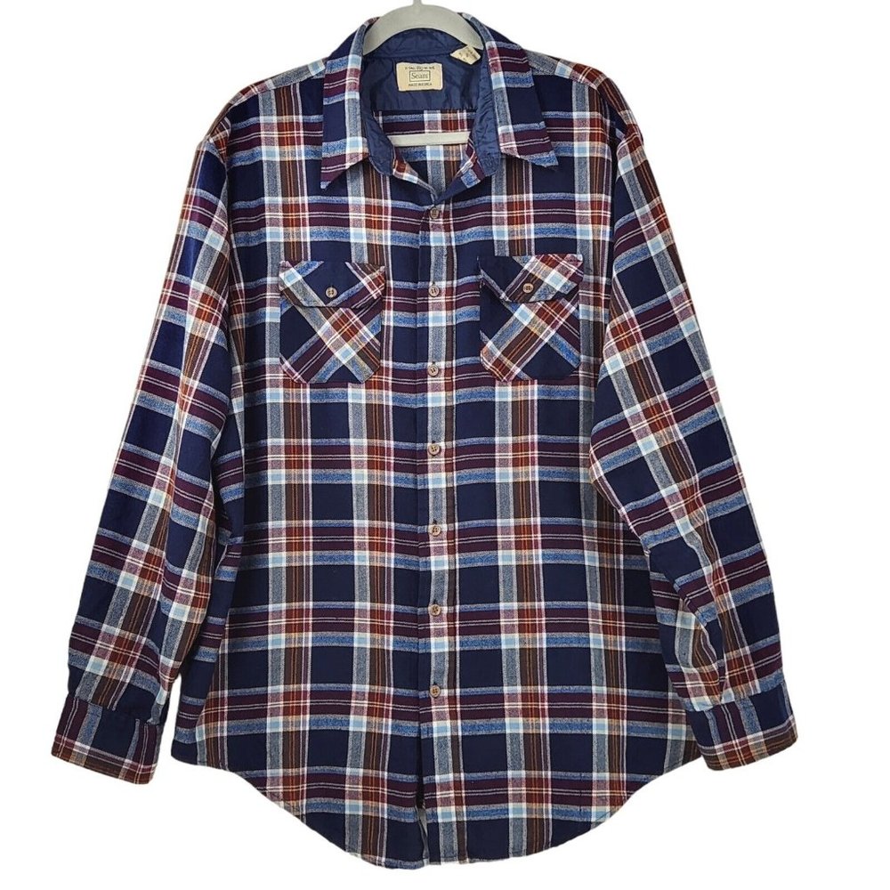 Vintage Sears‎ Mens Shirt Size 2XL Red/Blue/White Plaid Long-Sleeved Button-Down